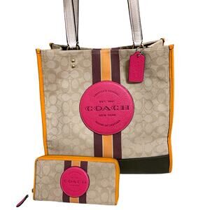 COACH DEMPSEY SET Khaki SIS NS Signature Tote #1917 & Zip Around Wallet #3473